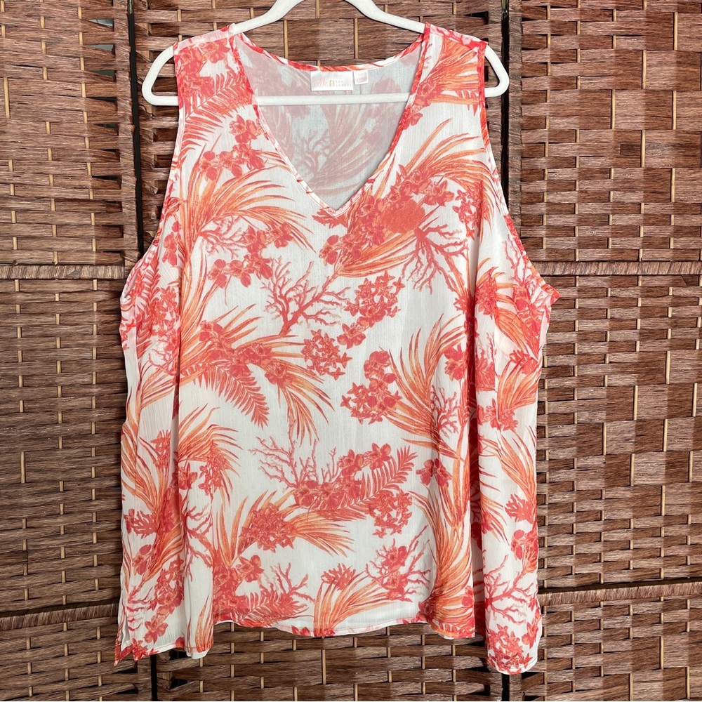 Belle by Kim Gravel Cold-Shoulder V-Neck Blouse, Hawaiian Coastal Boho Size 3X.